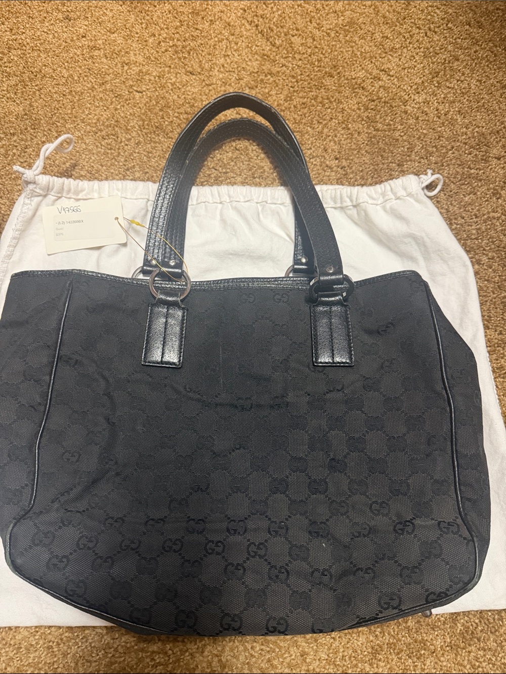 Gucci Black GG Canvas Tote with Leather Trim